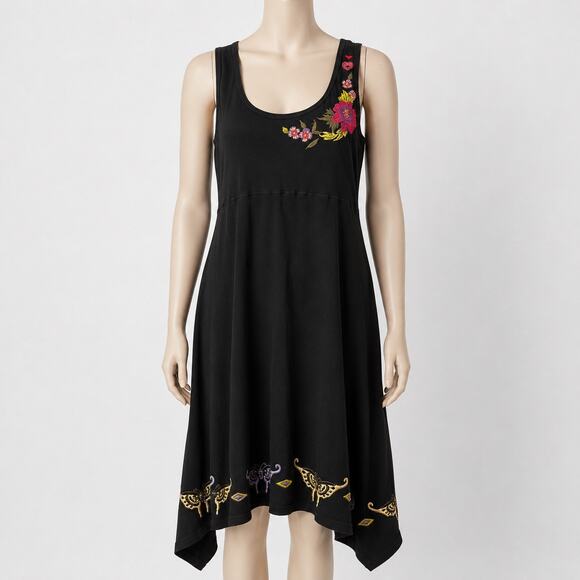 Johnny Was Dresses & Skirts - Johnny Was Tank Dress Butterfly Embroidered Black Cotton Handkerchief Hem M -